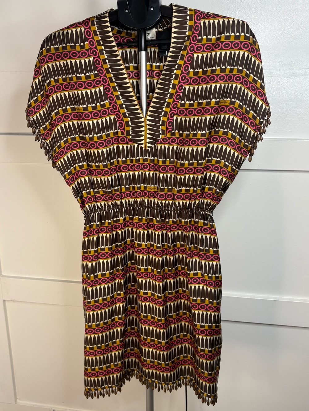 Vintage MILLY of New York Silk Tunic Dress Size 6 Beaded Fringe Geometric
